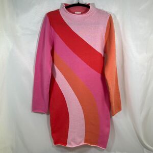 Dee Elly Women's Mock Neck Festive Striped Pink/Red/Orange Sweater Dress Size XL